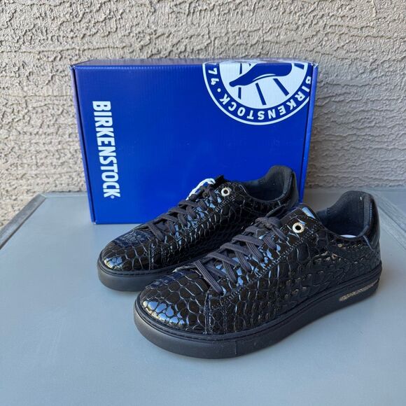 NEW Birkenstock Bend Low Croc Embossed Sneakers Womens 39EU or 8US Black Shiny - Picture 1 of 13